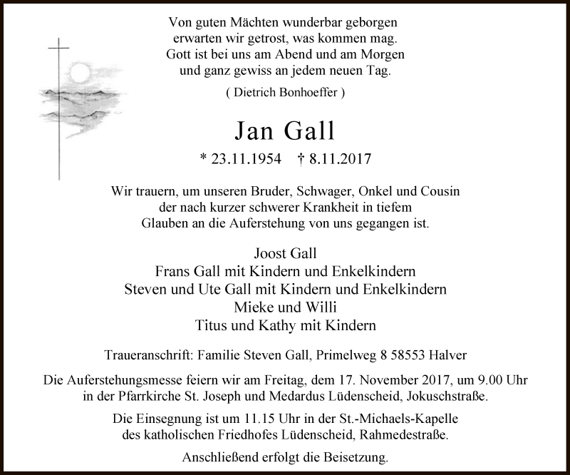  Traueranzeige für Jan Gall vom 11.11.2017 aus MZV