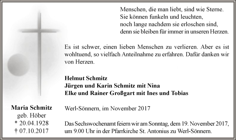  Traueranzeige für Maria Schmitz vom 14.11.2017 aus MZV