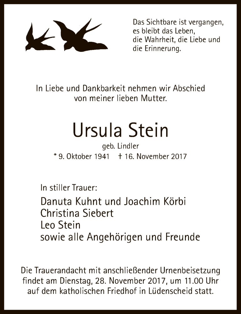  Traueranzeige für Ursula Stein vom 25.11.2017 aus MZV