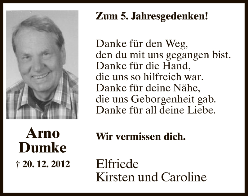  Traueranzeige für Arno Dumke vom 20.12.2017 aus MZV