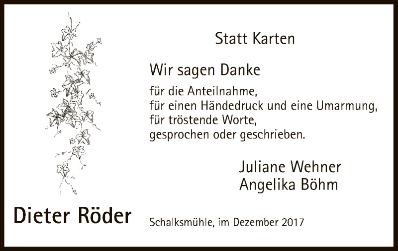  Traueranzeige für Dieter Röder vom 09.12.2017 aus MZV