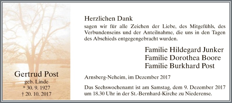  Traueranzeige für Gertrud Post vom 02.12.2017 aus MZV