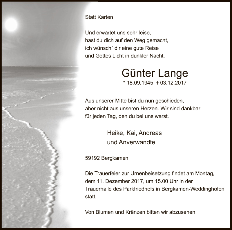  Traueranzeige für Günter Lange vom 06.12.2017 aus MZV