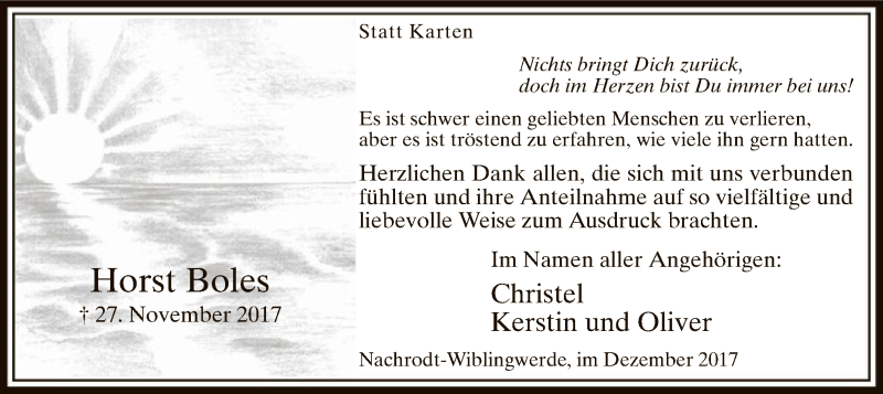  Traueranzeige für Horst Boles vom 23.12.2017 aus MZV