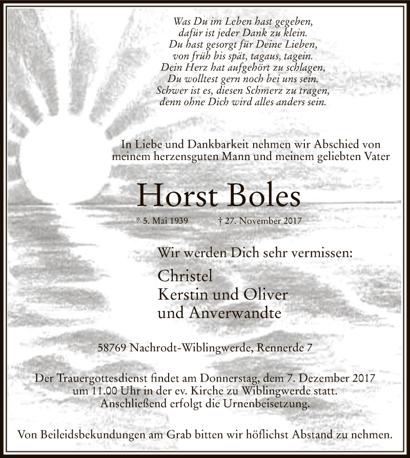  Traueranzeige für Horst Boles vom 02.12.2017 aus MZV