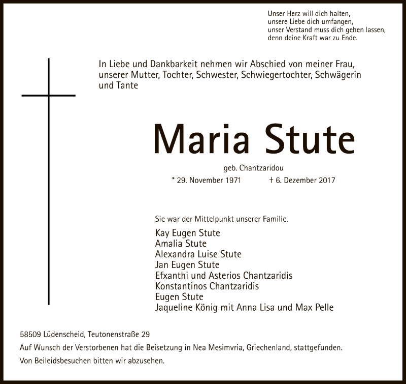  Traueranzeige für Maria Stute vom 09.12.2017 aus MZV