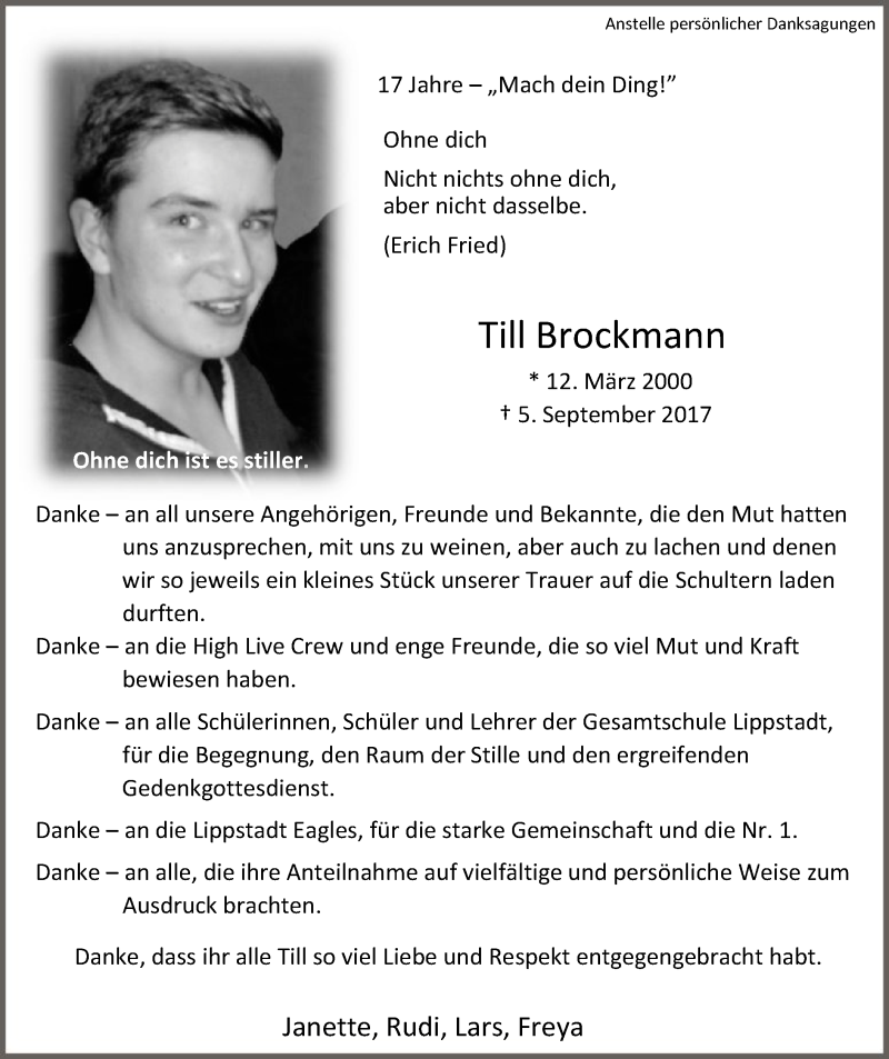  Traueranzeige für Till Brockmann vom 27.12.2017 aus MZV