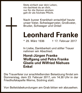 Traueranzeige von Leonhard Franke von MZV