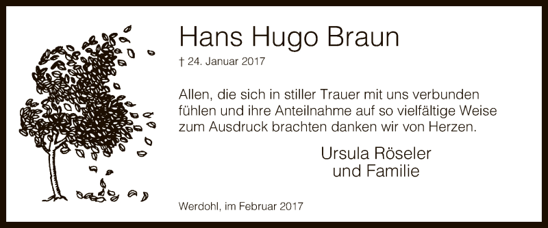 Traueranzeige für Hans Hugo Braun vom 28.02.2017 aus MZV