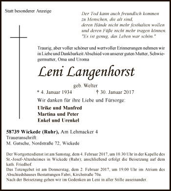 Traueranzeige von Leni Langenhorst von MZV