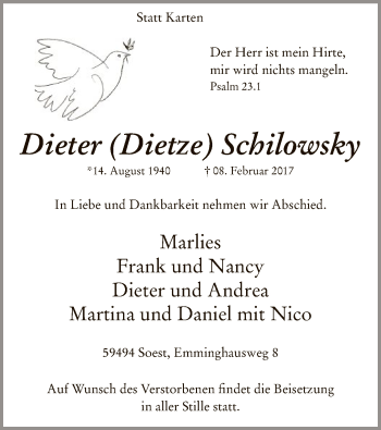 Traueranzeige von Dieter  Schilowsky von MZV