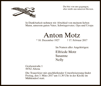 Traueranzeige von Anton Motz von MZV