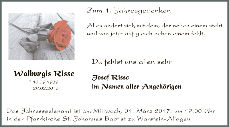  Traueranzeige für Walburgis Risse vom 22.02.2017 aus MZV