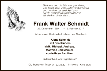 Traueranzeige von Frank Walter Schmidt von MZV