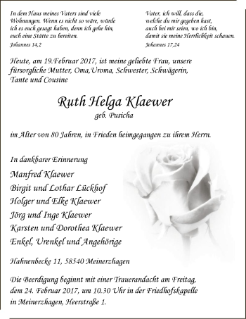 Traueranzeige von Ruth Helga Klaewer von MZV