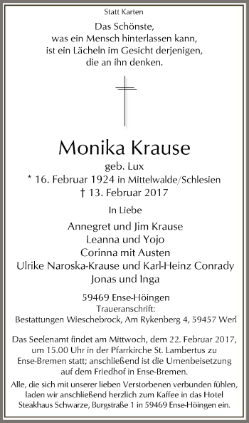 Traueranzeige von Monika Krause von MZV