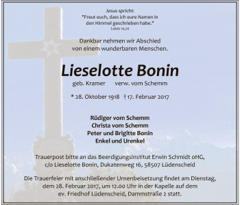 Traueranzeige von Lieselotte Bonin von MZV