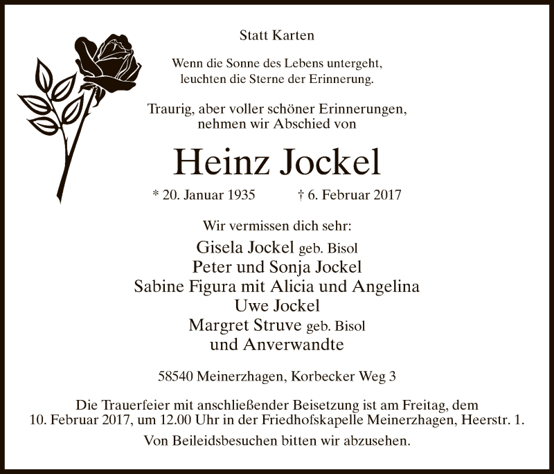  Traueranzeige für Heinz Jockel vom 08.02.2017 aus MZV