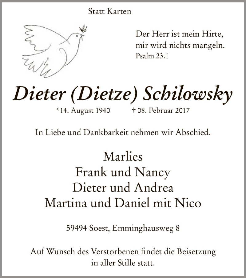  Traueranzeige für Dieter  Schilowsky vom 15.02.2017 aus MZV