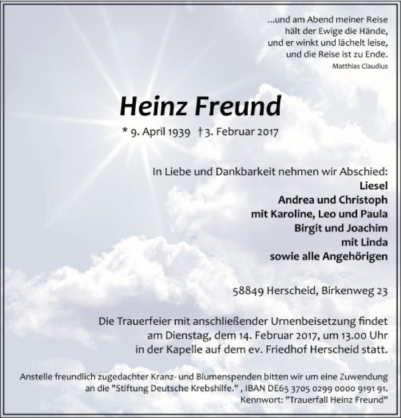  Traueranzeige für Heinz Freund vom 08.02.2017 aus MZV