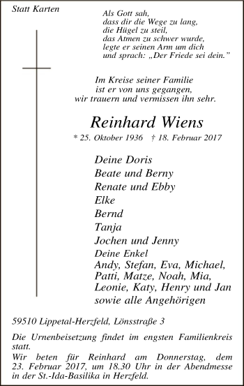 Traueranzeige von Reinhard Wiens von MZV