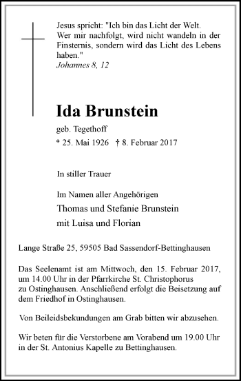 Traueranzeige von Ida Brunstein von MZV