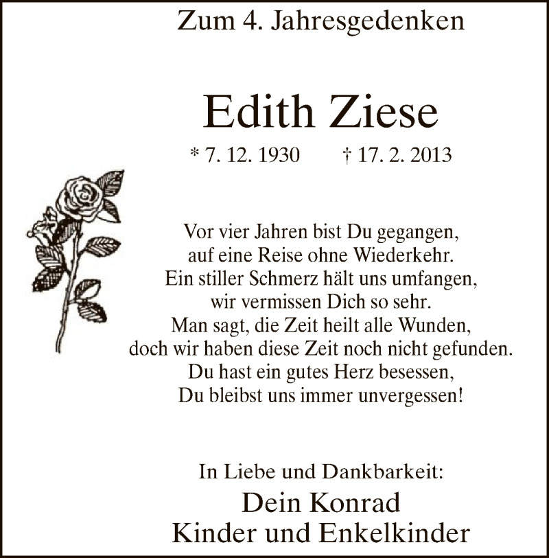  Traueranzeige für Edith Ziese vom 17.02.2017 aus MZV