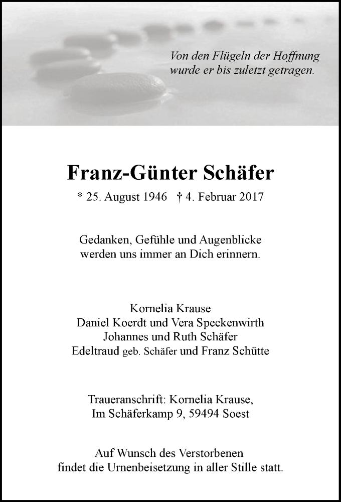  Traueranzeige für Franz-Günter Schäfer vom 11.02.2017 aus MZV