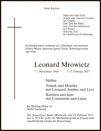 Traueranzeige von Leonard Mrowietz von MZV