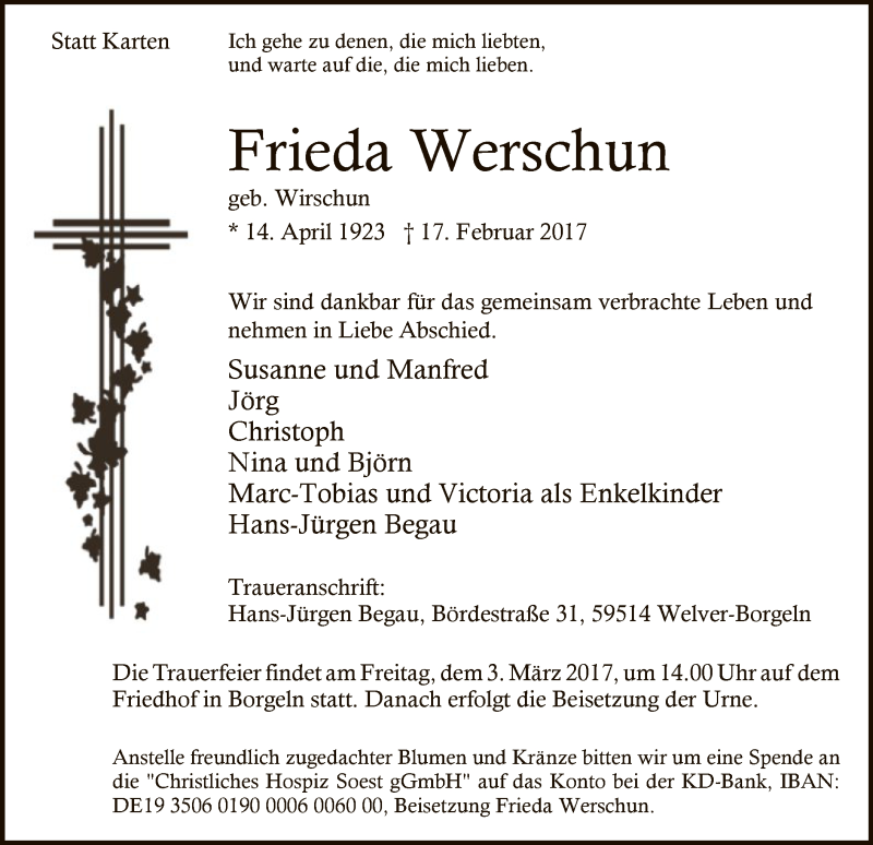  Traueranzeige für Frieda Werschun vom 25.02.2017 aus MZV