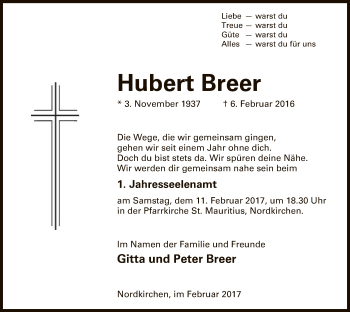 Traueranzeige von Hubert Breer von MZV