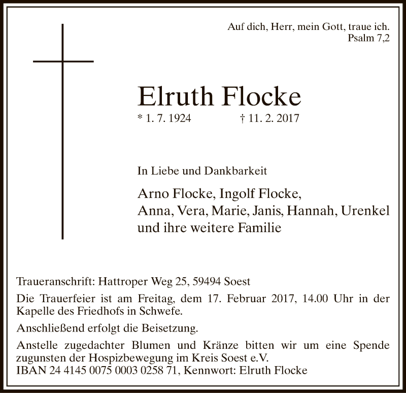  Traueranzeige für Elruth Flocke vom 14.02.2017 aus MZV