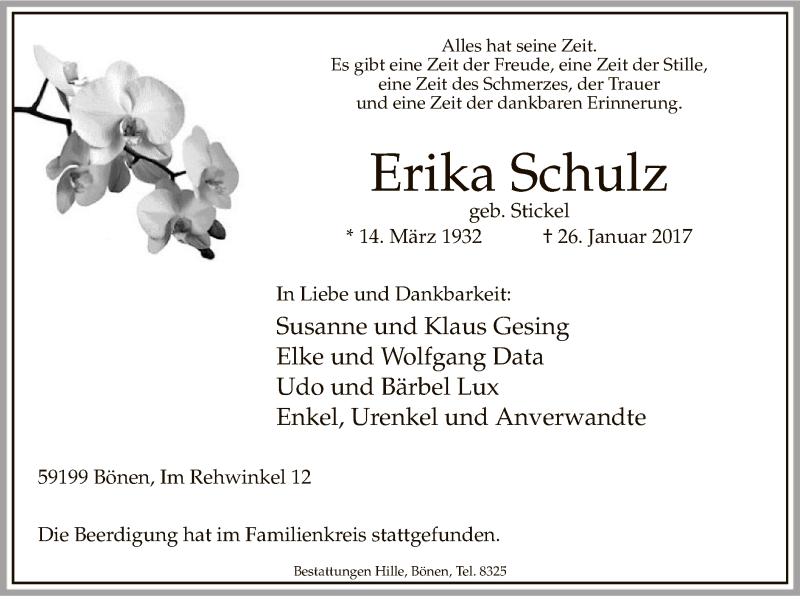  Traueranzeige für Erika Schulz vom 02.02.2017 aus MZV