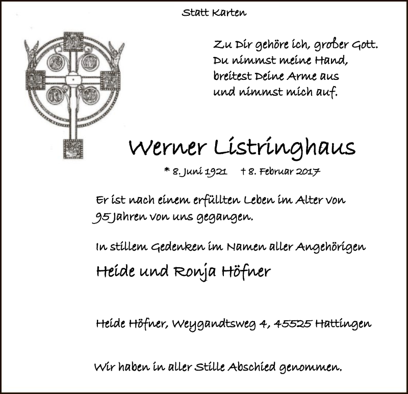  Traueranzeige für Werner Listringhaus vom 25.02.2017 aus MZV