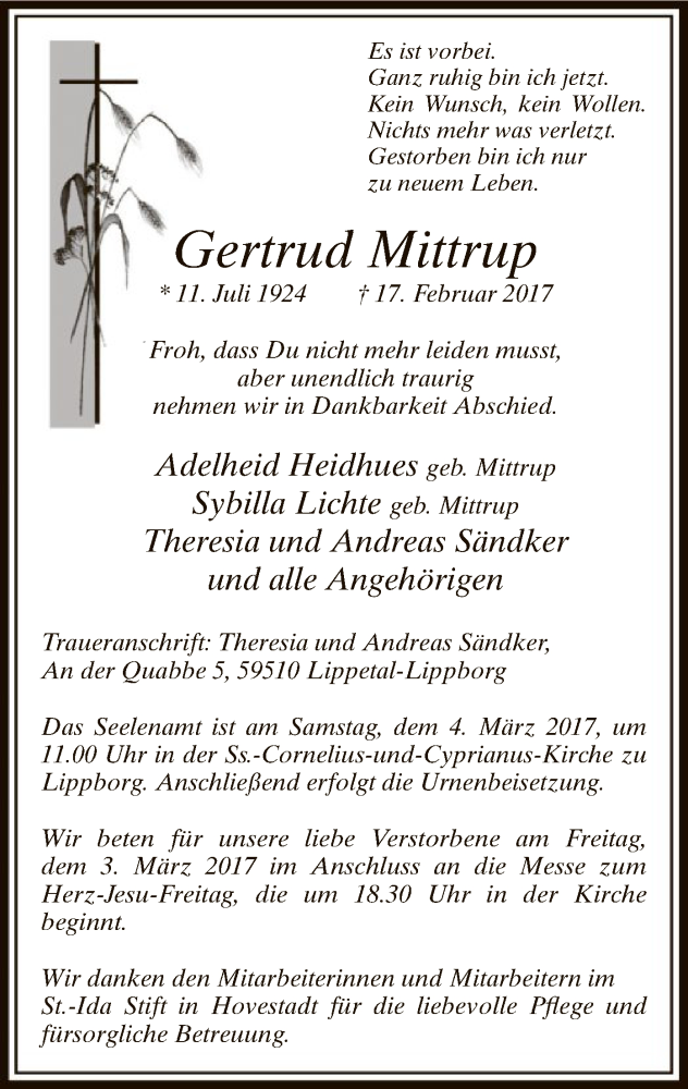 Traueranzeige für Gertrud Mittrup vom 28.02.2017 aus MZV