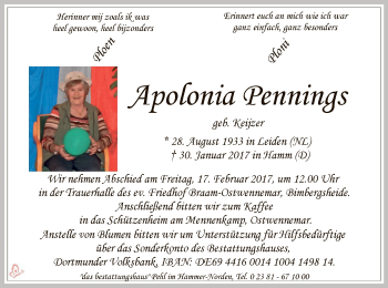 Traueranzeige von Apolonia Pennings von MZV