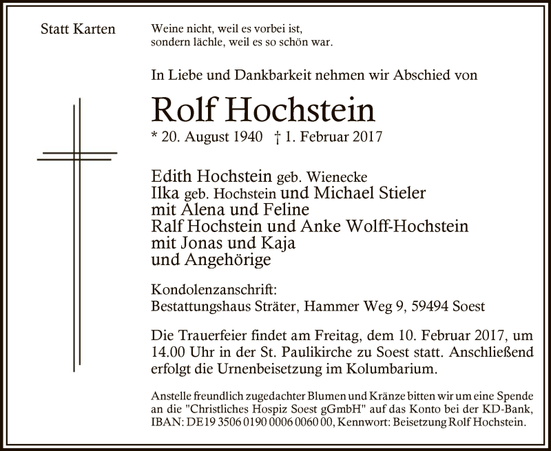  Traueranzeige für Rolf Hochstein vom 06.02.2017 aus MZV