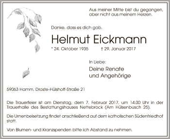 Traueranzeige von Helmut Eickmann von MZV