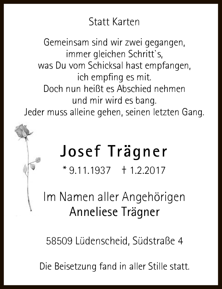  Traueranzeige für Josef Trägner vom 11.02.2017 aus MZV