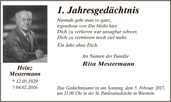 Traueranzeige von Heinz Mestermann von MZV