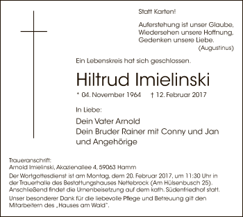 Traueranzeige von Hiltrud Imielinski von MZV