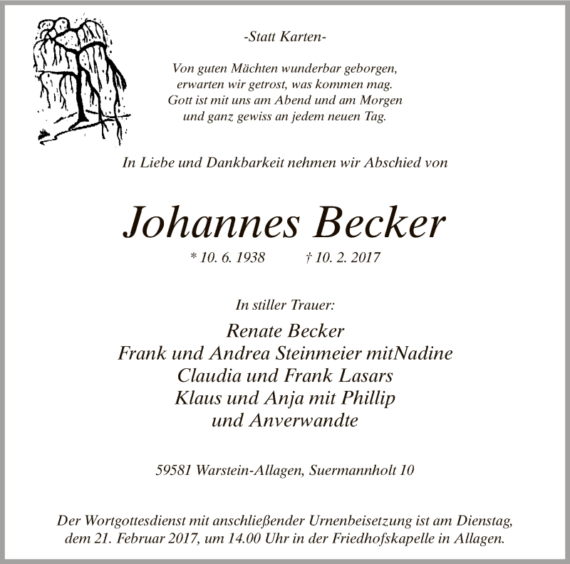  Traueranzeige für Johannes Becker vom 17.02.2017 aus MZV