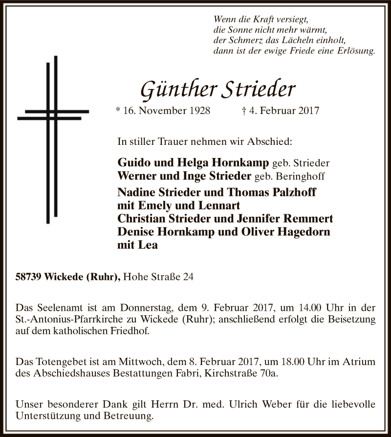 Traueranzeige für Günther Strieder vom 07.02.2017 aus MZV