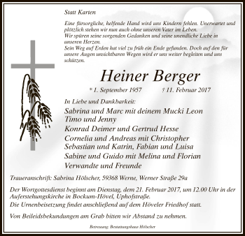 Traueranzeige von Heiner Berger von MZV