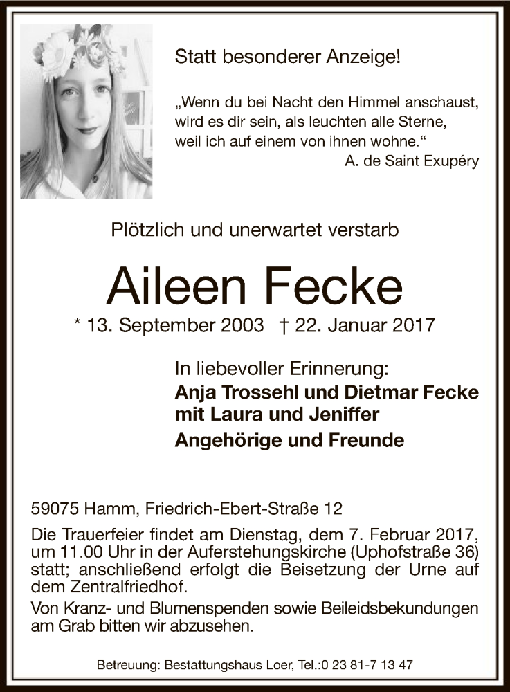 Traueranzeige für Aileen Fecke vom 01.02.2017 aus MZV
