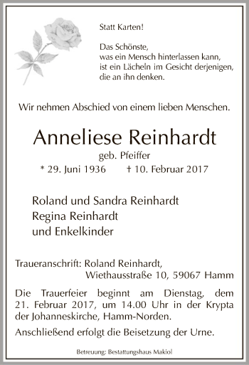 Traueranzeige von Anneliese Reinhardt von MZV