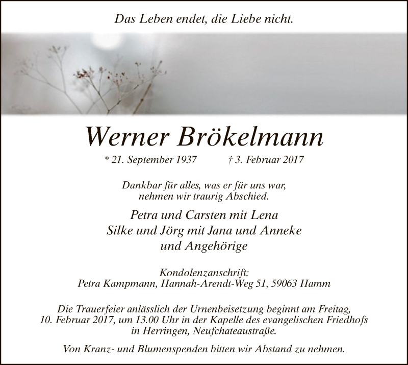  Traueranzeige für Werner Brökelmann vom 07.02.2017 aus MZV