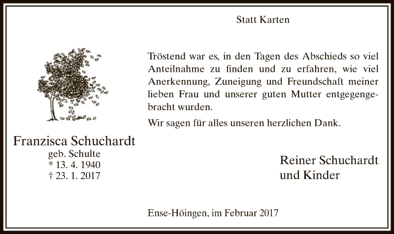  Traueranzeige für Franzisca Schuchardt vom 25.02.2017 aus MZV