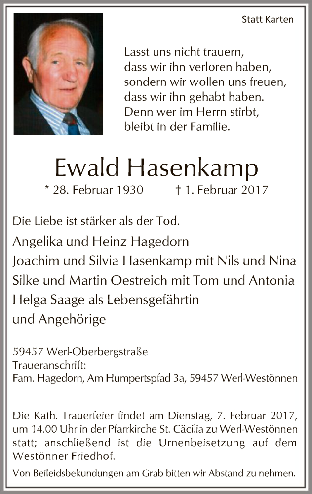  Traueranzeige für Ewald Hasenkamp vom 03.02.2017 aus MZV