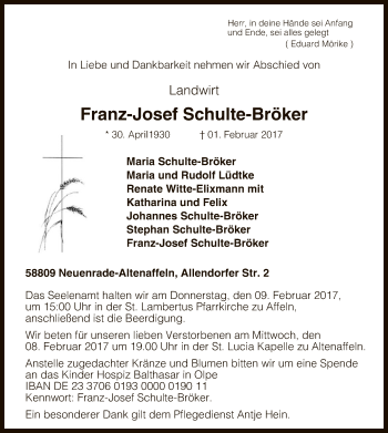 Traueranzeige von Franz-Josef Schulte-Bröker von MZV
